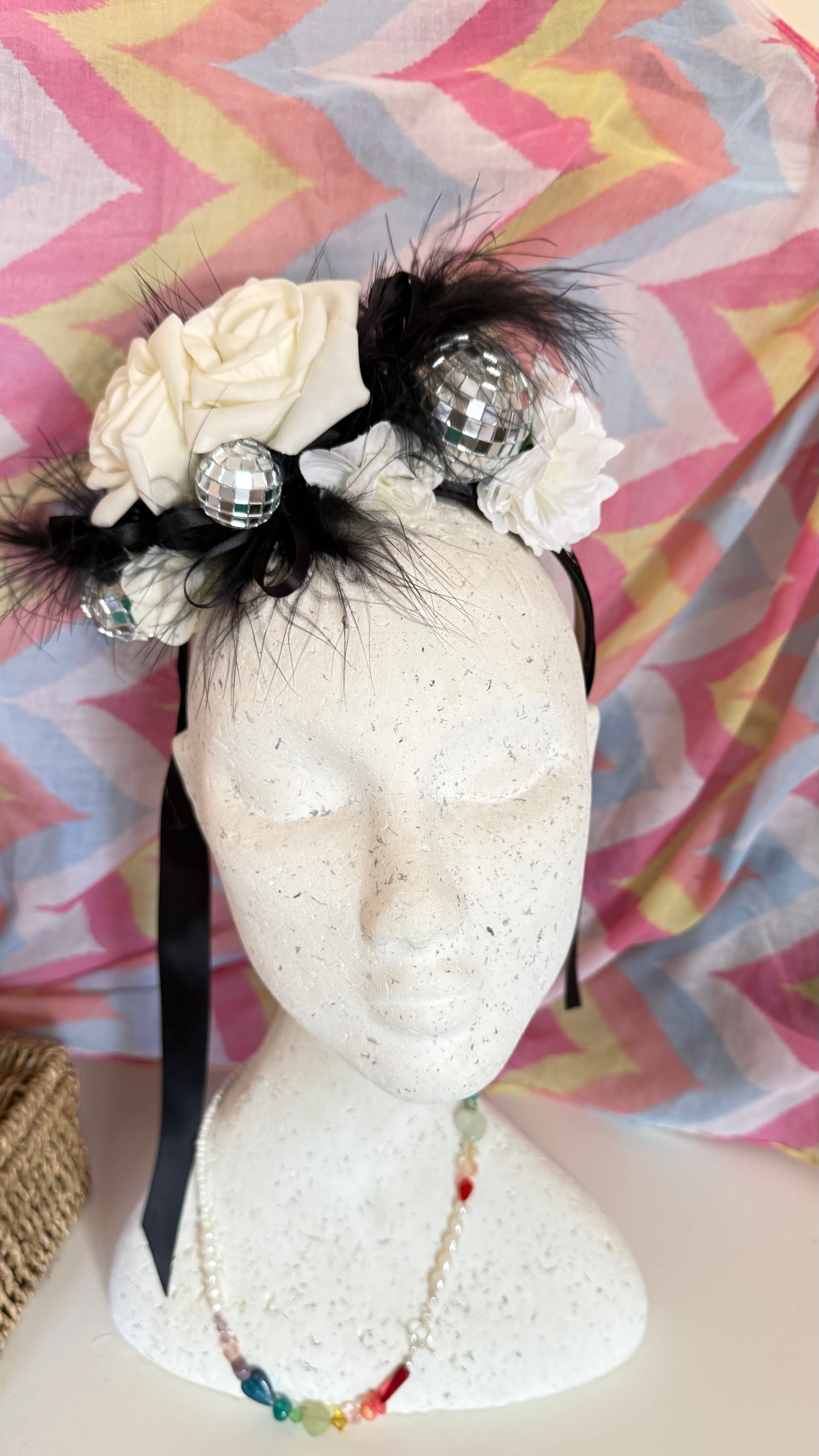 Monochrome Feather Disco Ball Upcycled Floral Festival Headband | Sustainable Hair Accessory | Handmade Boho Hairband | Eco Friendly Gift for Her (Copy)
