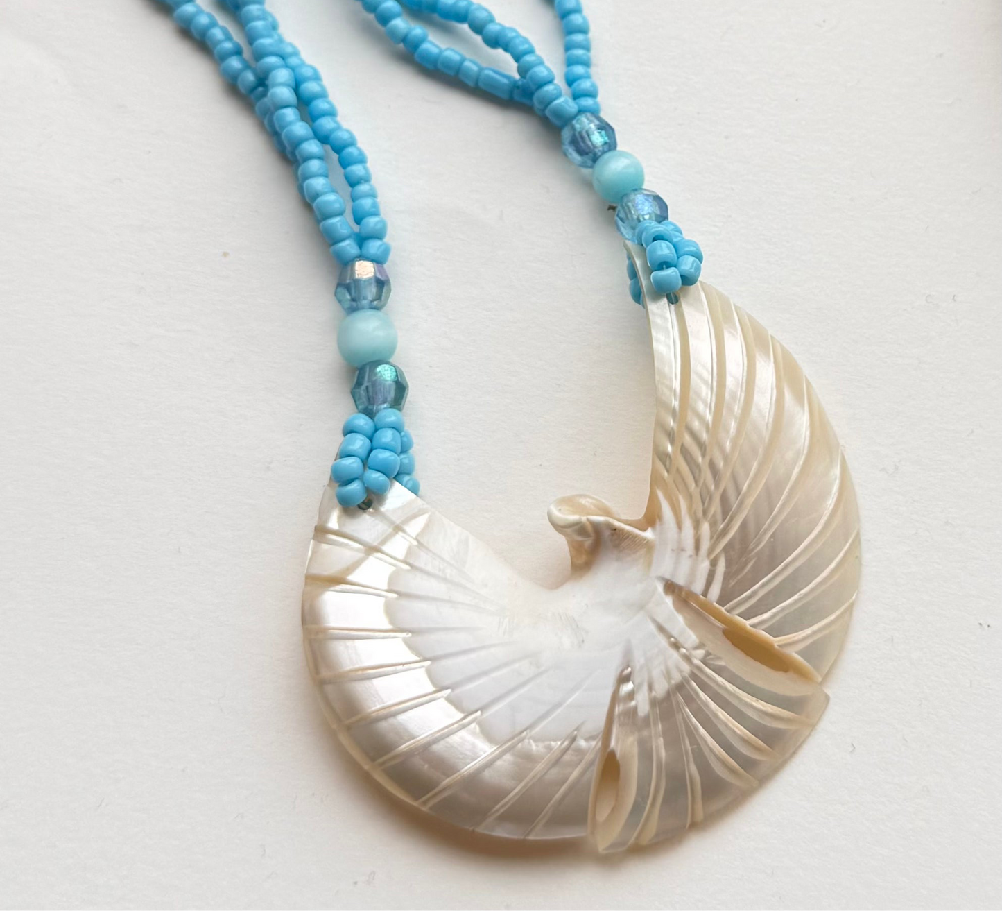 Blue Glass Bead & Shell Bird Necklace