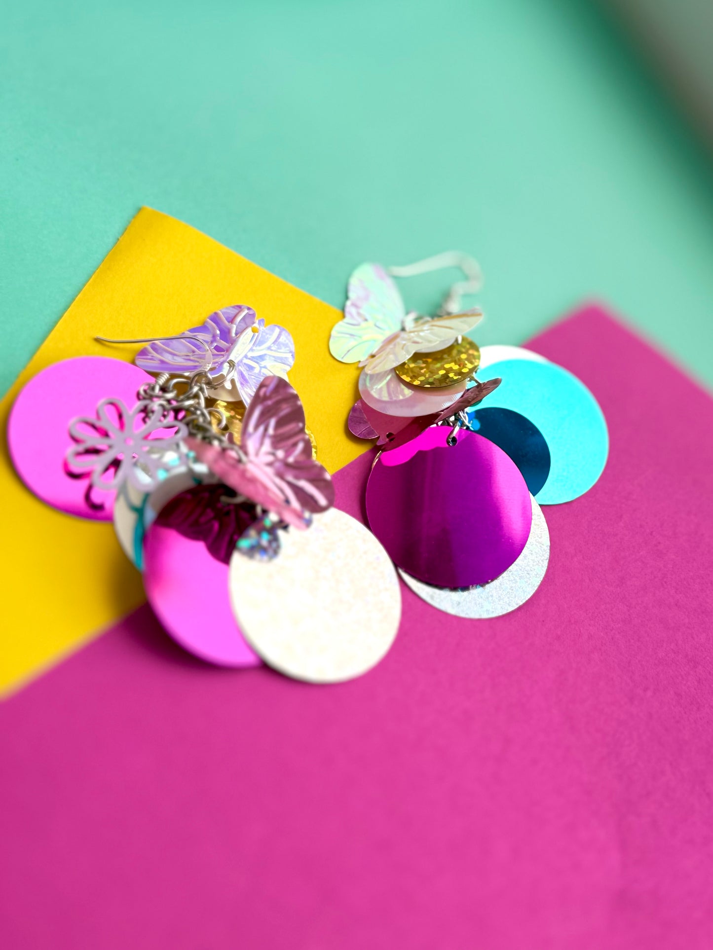 Butterfly Sequin Festival Earrings – Upcycled Statement Earrings with Sterling Silver Hooks