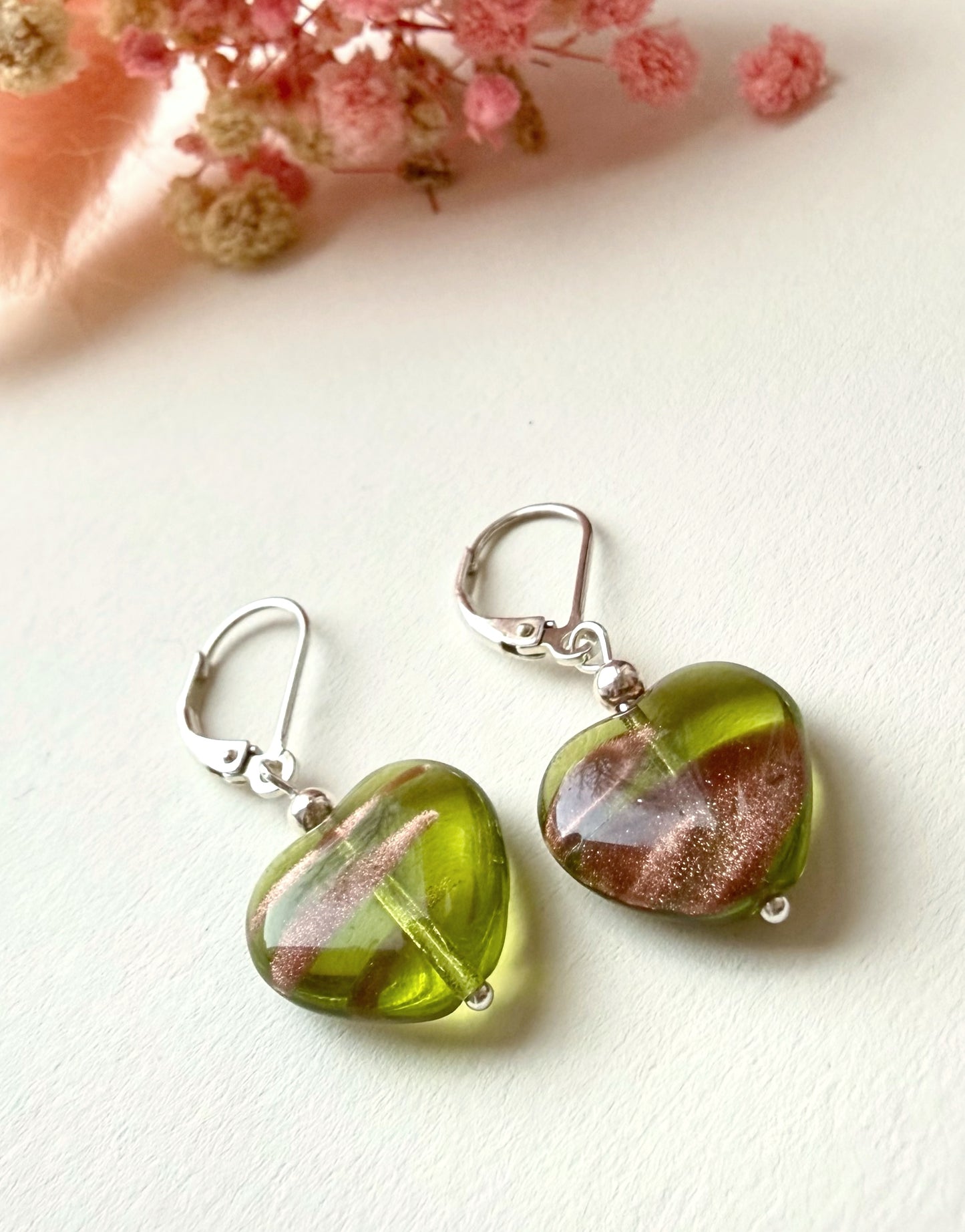 Green Czech Glass Heart Earrings with Sterling Silver Leverbacks