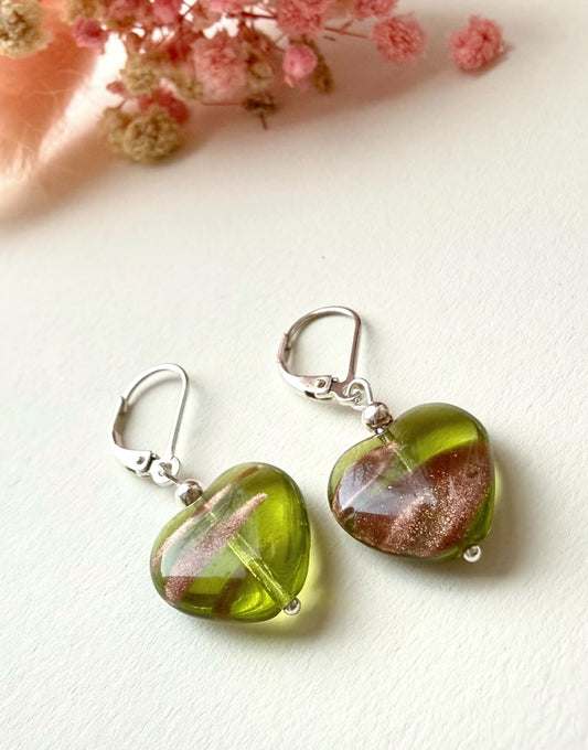 Green Czech Glass Heart Earrings with Sterling Silver Leverbacks