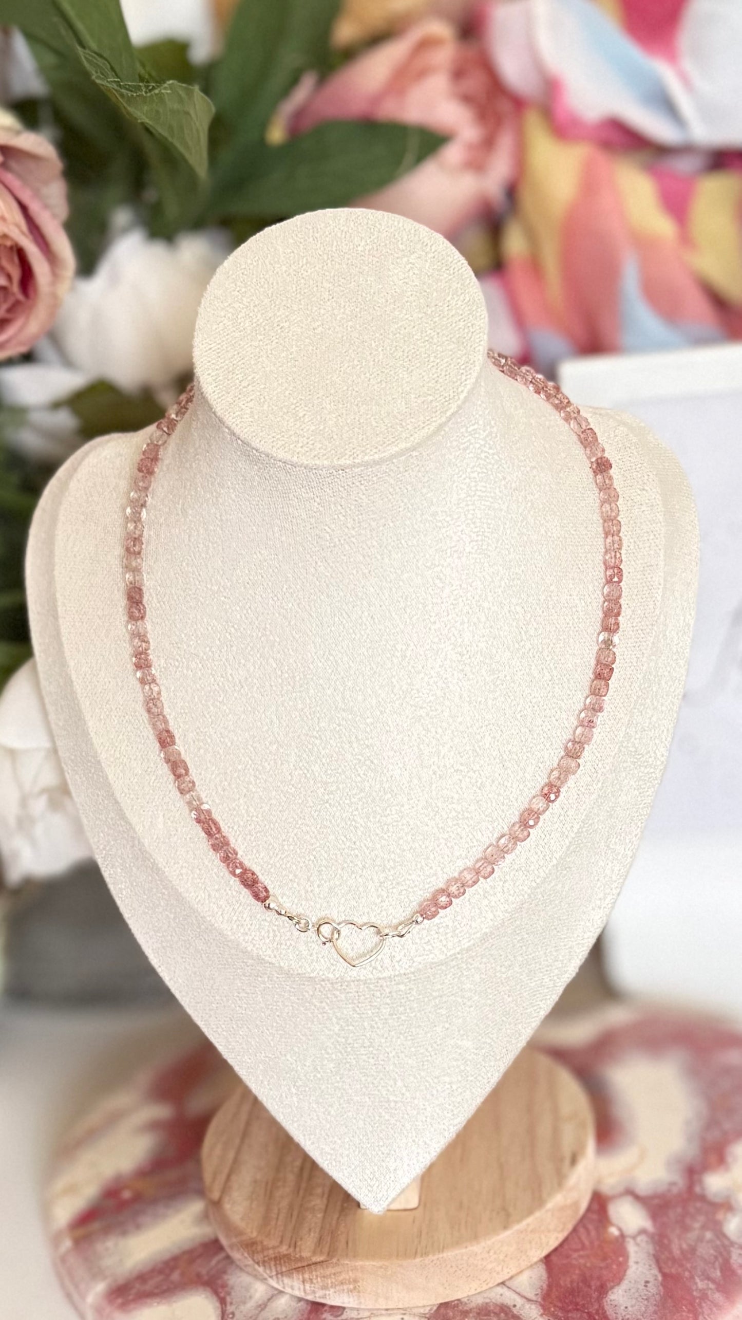 Strawberry Quartz & Sterling Silver Heart Necklace