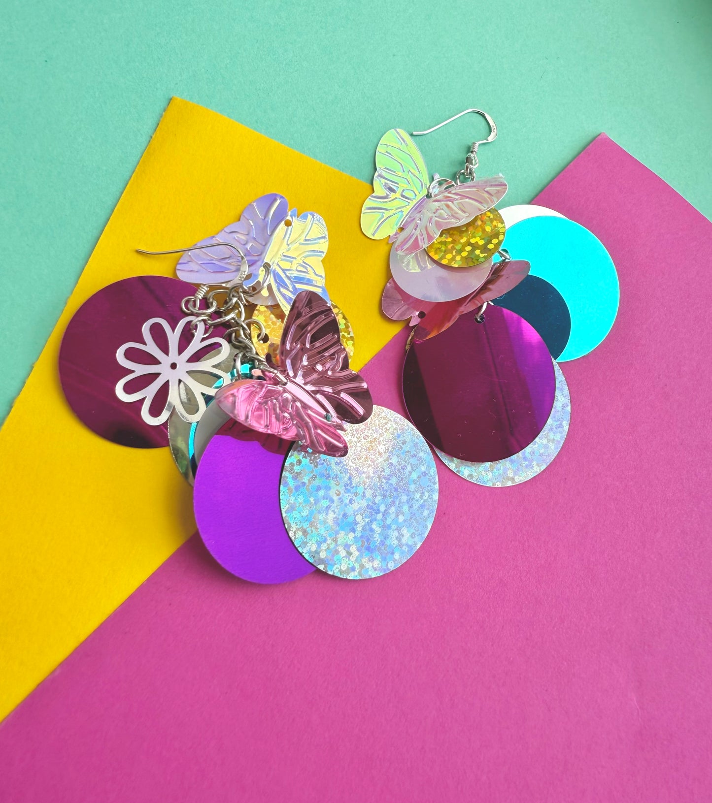 Butterfly Sequin Festival Earrings – Upcycled Statement Earrings with Sterling Silver Hooks