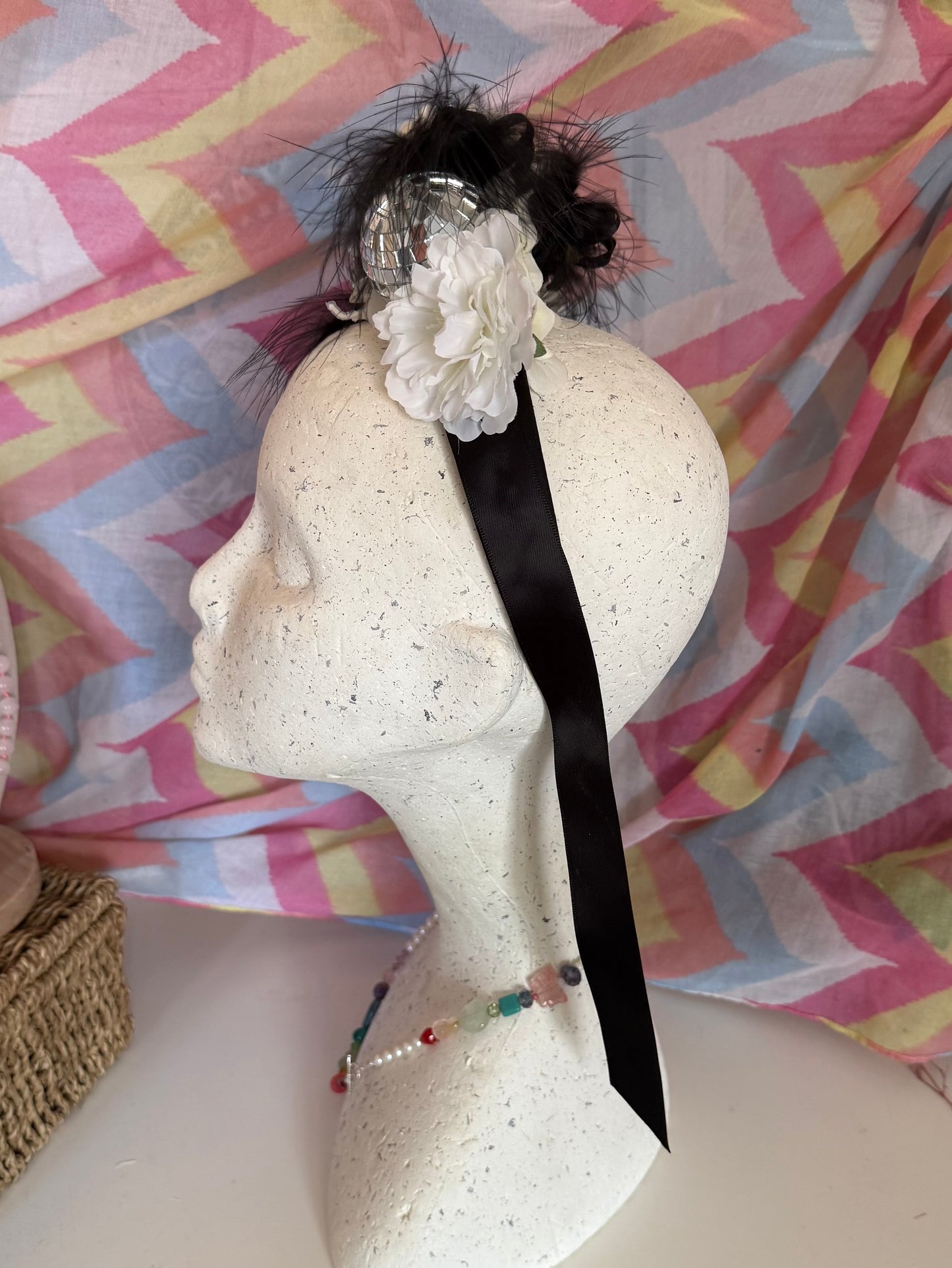 Monochrome Feather Disco Ball Upcycled Floral Festival Headband | Sustainable Hair Accessory | Handmade Boho Hairband | Eco Friendly Gift for Her (Copy)