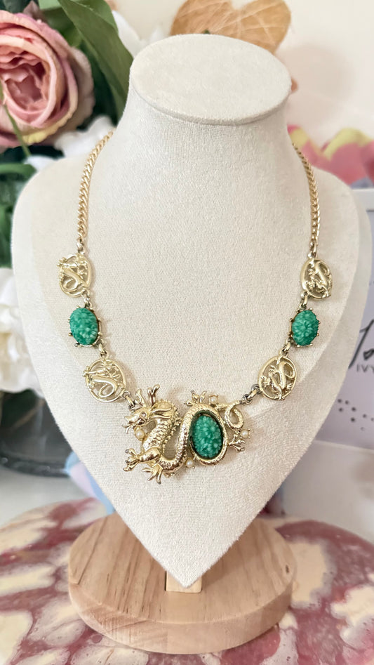 Vintage “Exquisite” Faux Jade Dragon Necklace