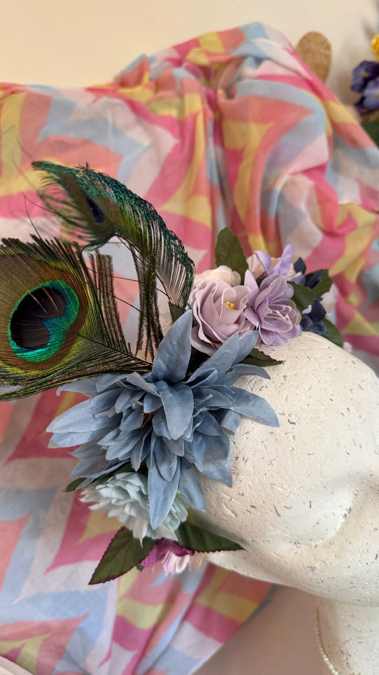 Peacock Upcycled Floral Festival Headband | Sustainable Hair Accessory | Handmade Boho Hairband | Eco Friendly Gift for Her