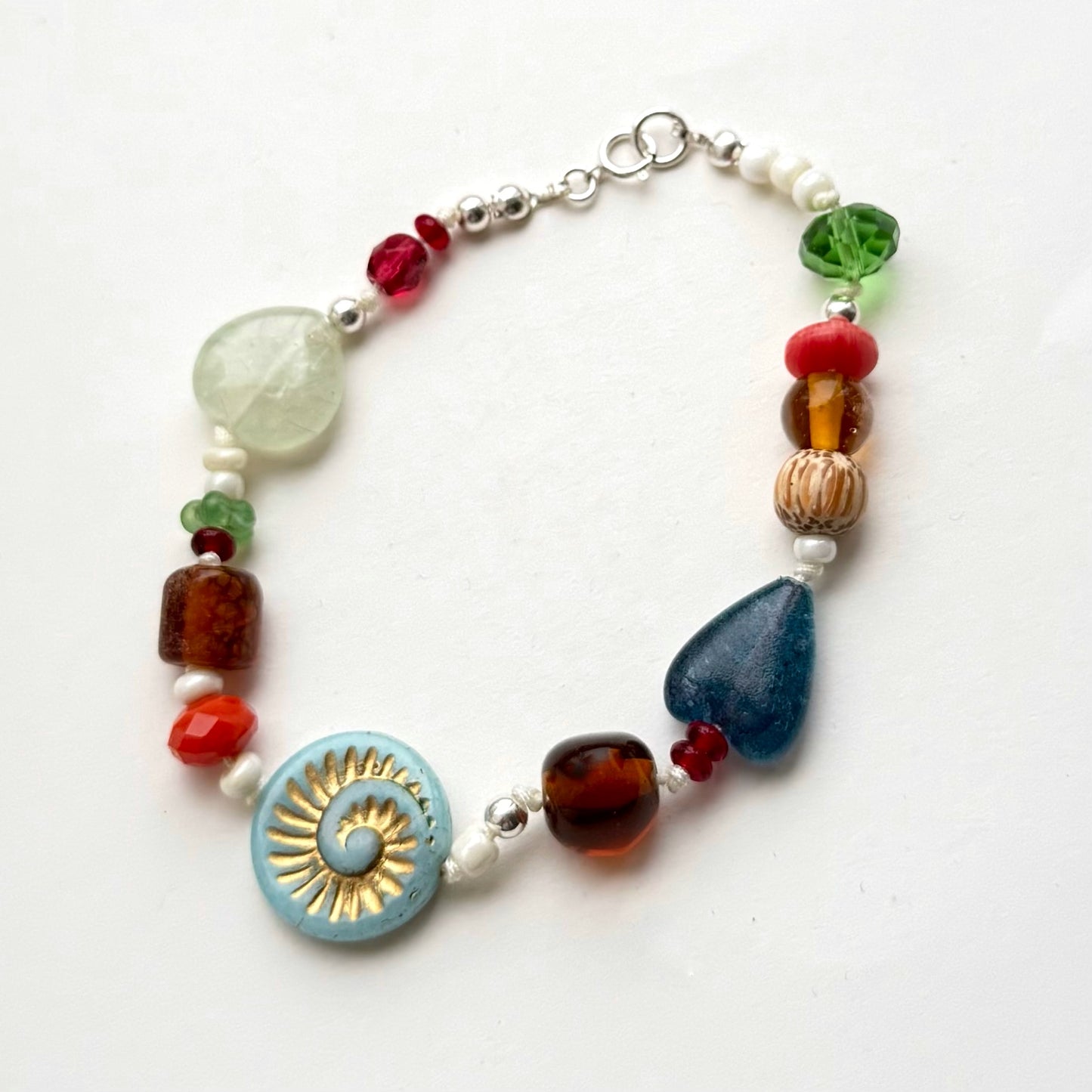 Colourful Ethnic-Style Czech Glass Bracelet with Vintage Glass & Sterling Silver – 8.5” / 22cm
