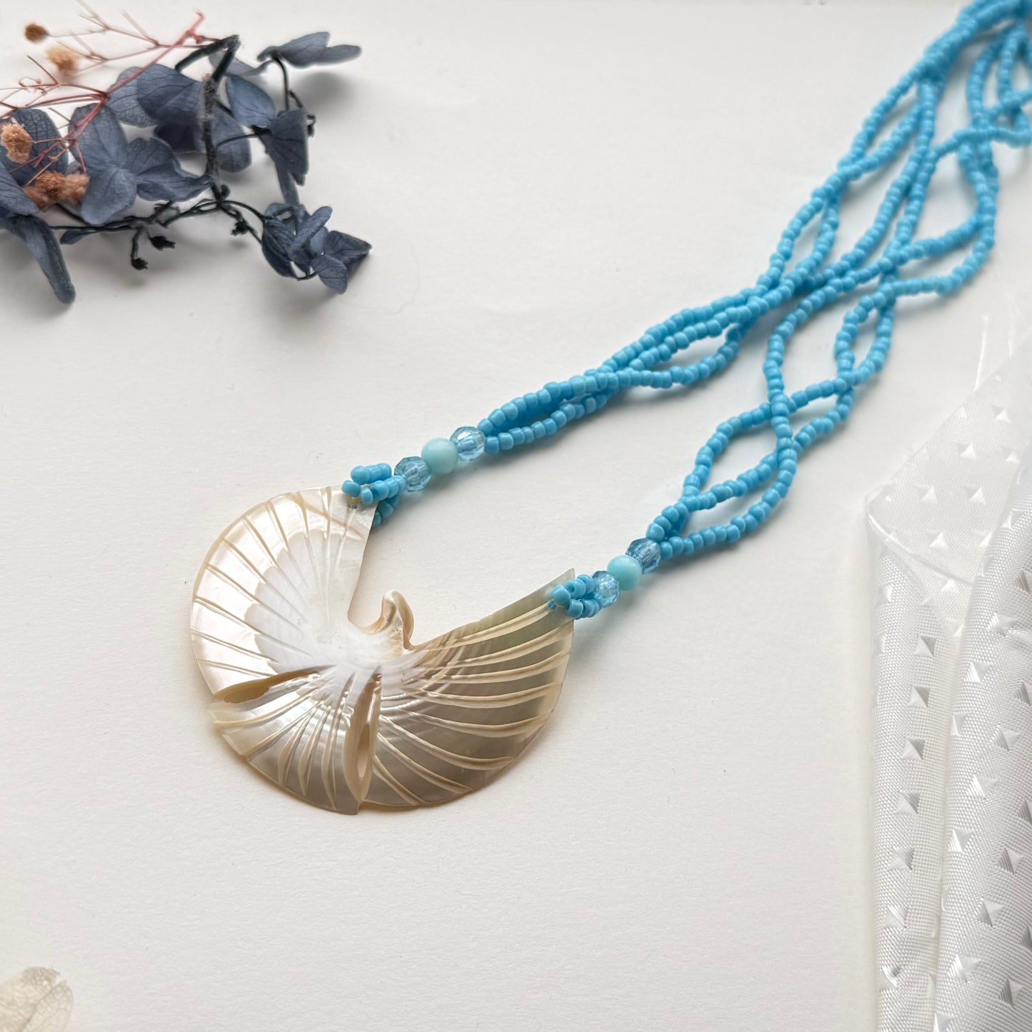 Blue Glass Bead & Shell Bird Necklace