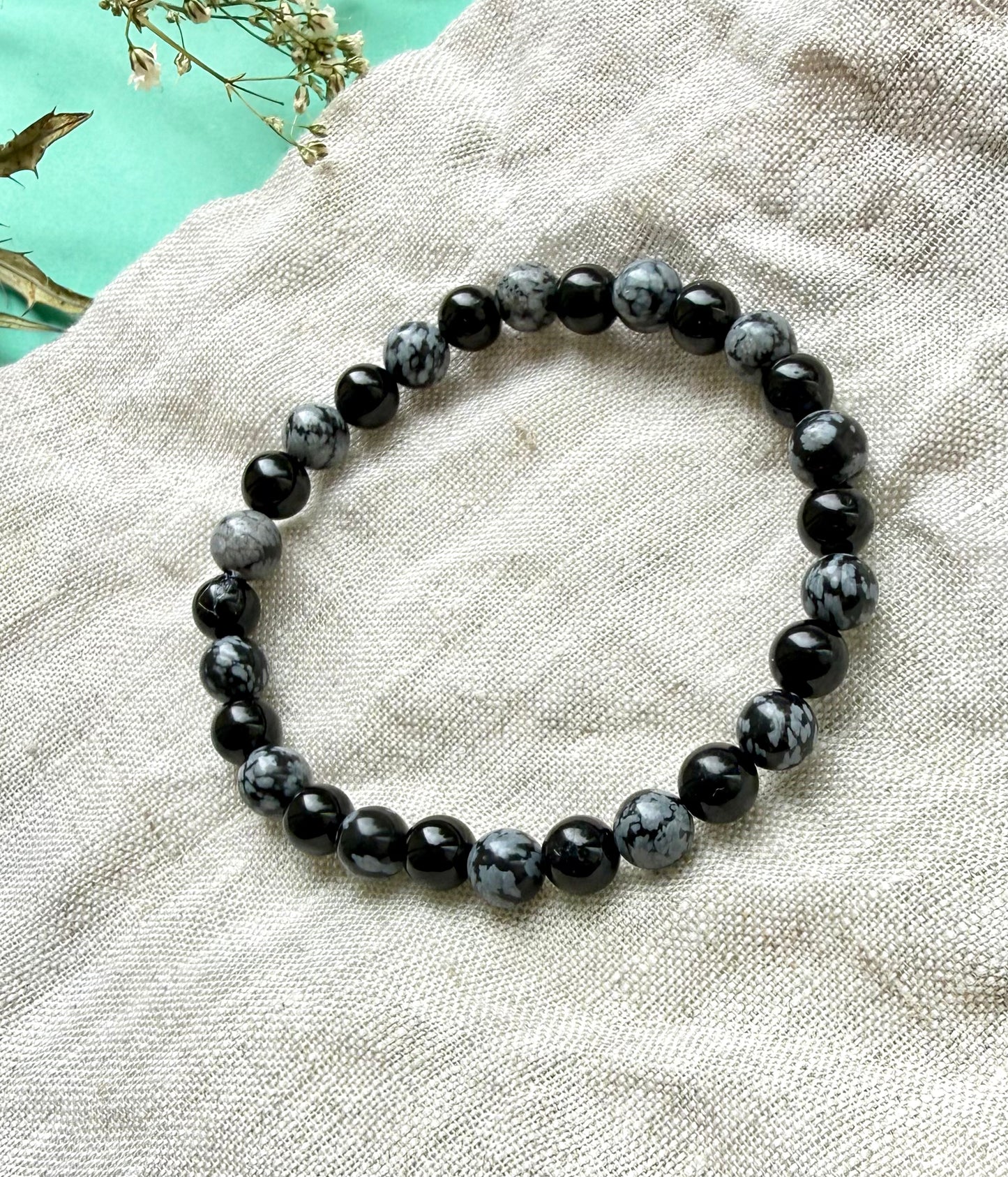 Snowflake Obsidian & Black Tourmaline Bead Bracelet