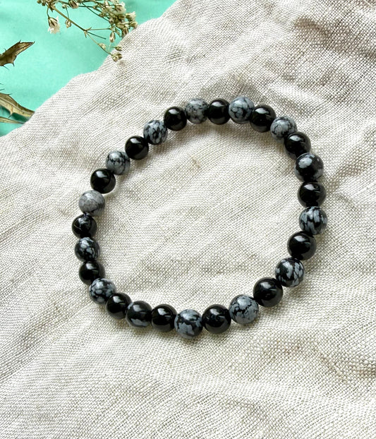 Snowflake Obsidian & Black Tourmaline Bead Bracelet
