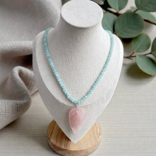 Aqua Quartzite & Rose Quartz Heart Necklace