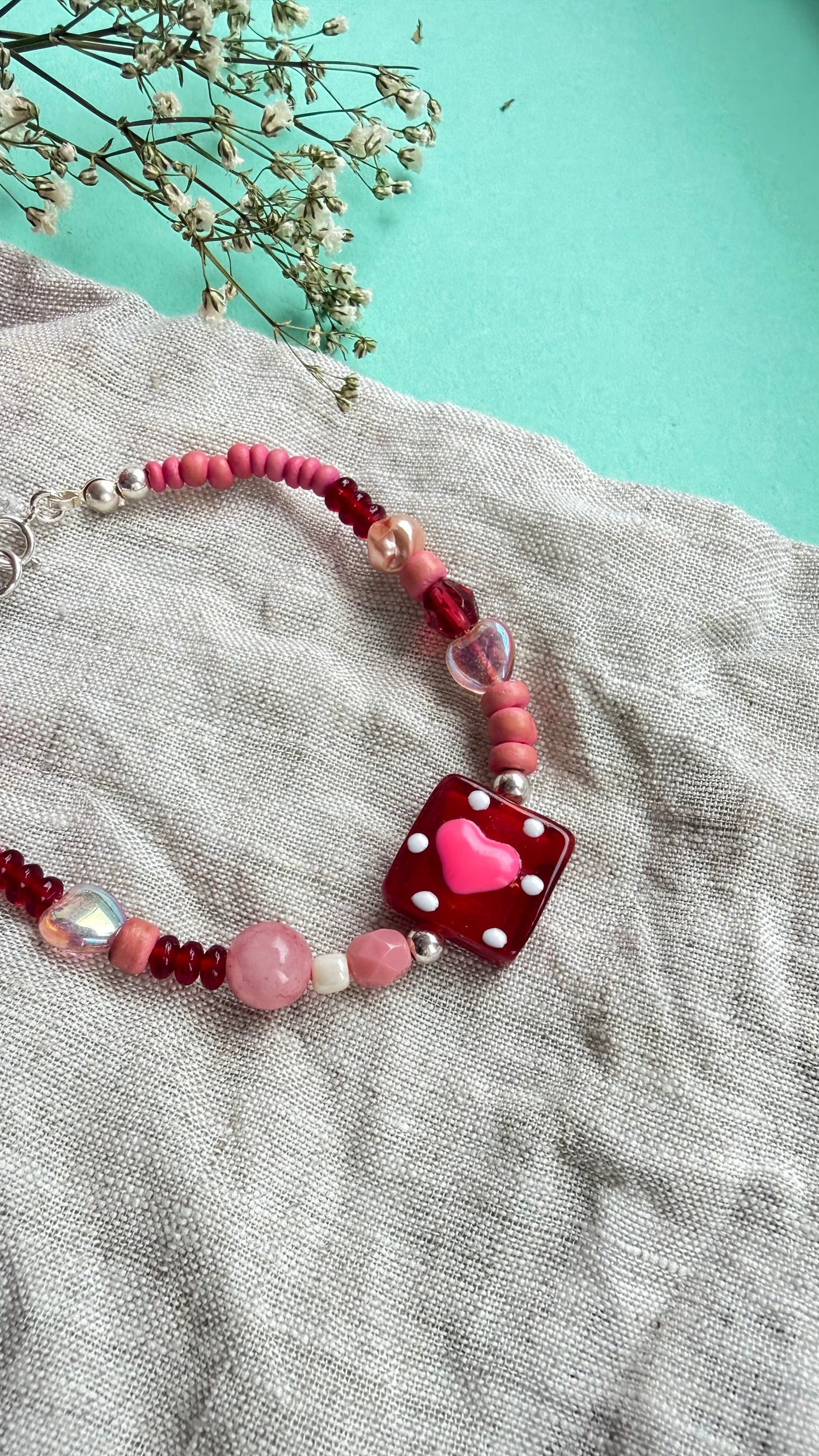 Czech Glass Heart Bracelet with Sterling Silver Beads – Handmade 7” / 18cm