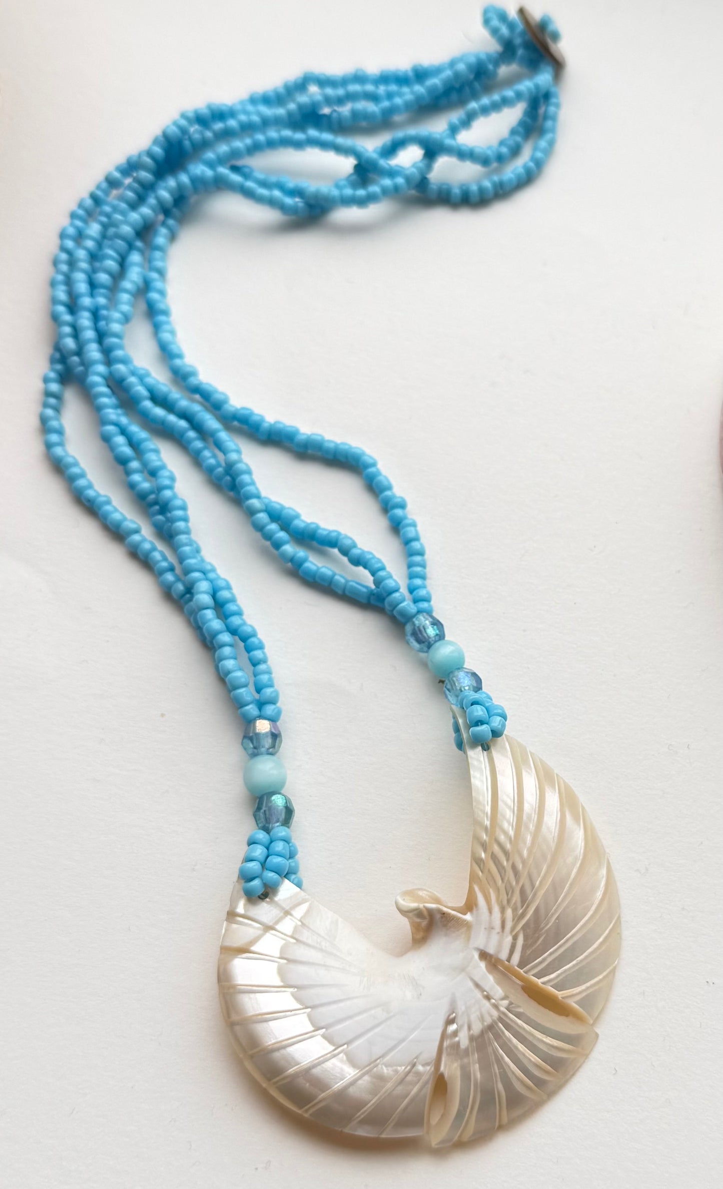 Blue Glass Bead & Shell Bird Necklace