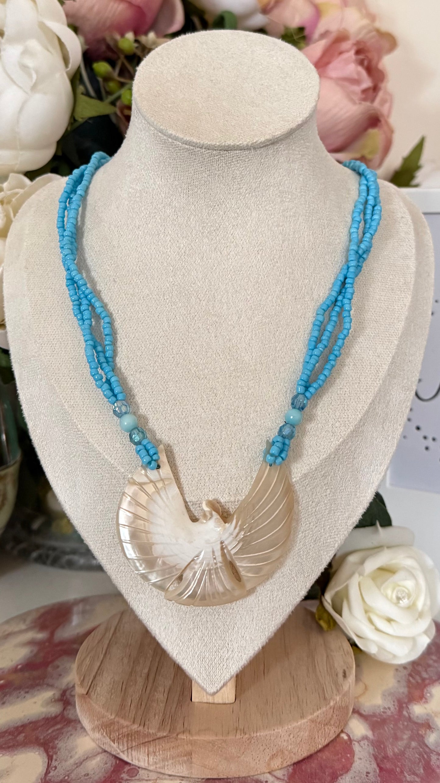 Blue Glass Bead & Shell Bird Necklace