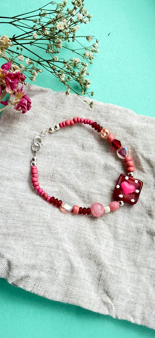 Czech Glass Heart Bracelet with Sterling Silver Beads – Handmade 7” / 18cm