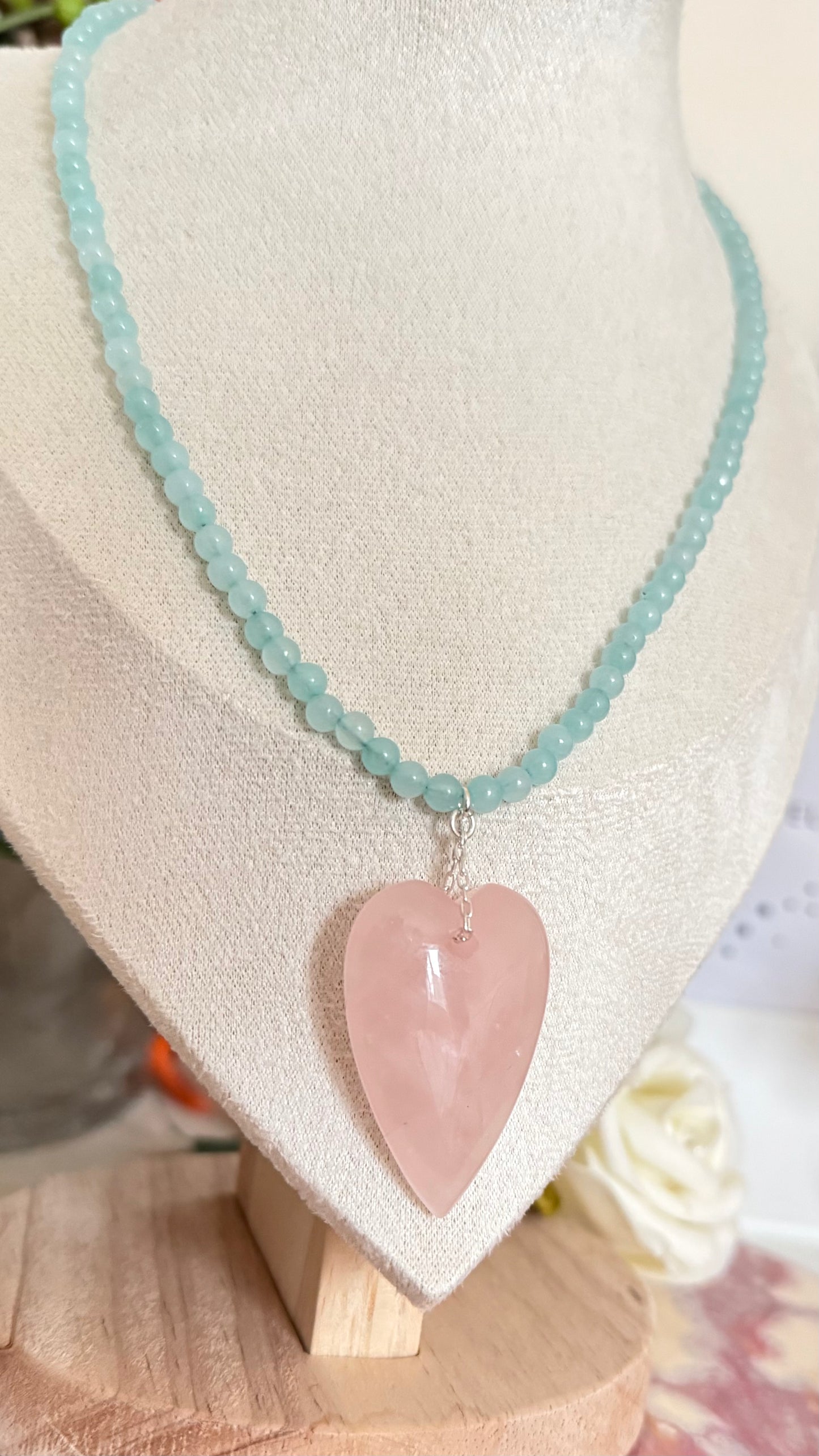 Aqua Quartzite & Rose Quartz Heart Necklace