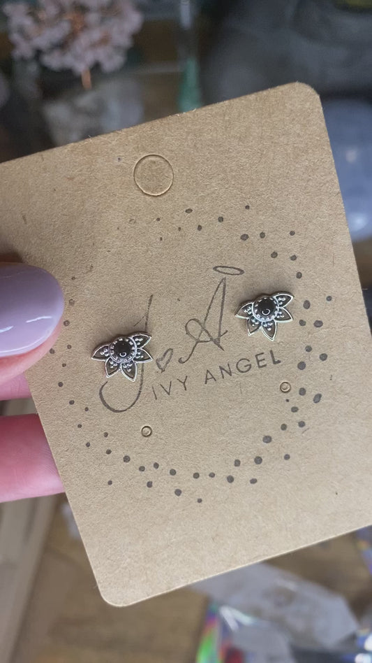 Lotus Stud Earrings- Black Agate